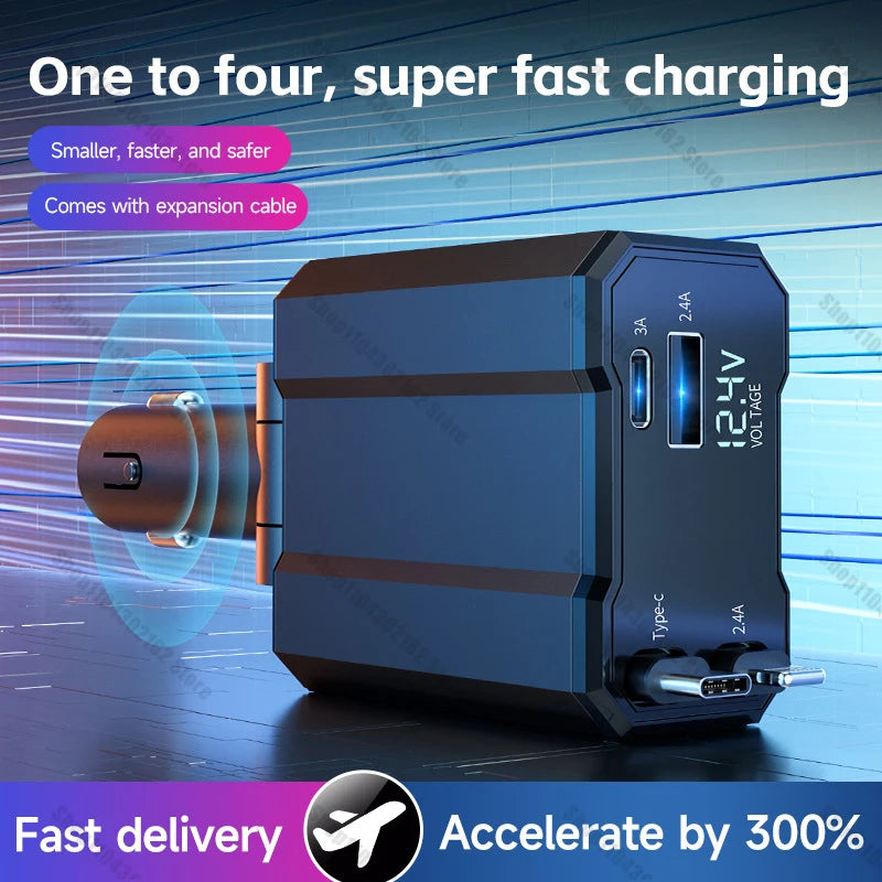 4 in 1 Metal 120W Car Charger Retractable Car Cigarette Lighter Adapter USB Type C Fast Charger Cable for Iphone Xiaomi Samsung