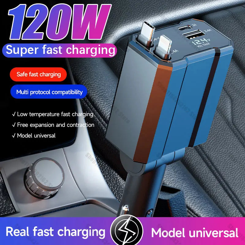 4 in 1 Metal 120W Car Charger Retractable Car Cigarette Lighter Adapter USB Type C Fast Charger Cable for Iphone Xiaomi Samsung