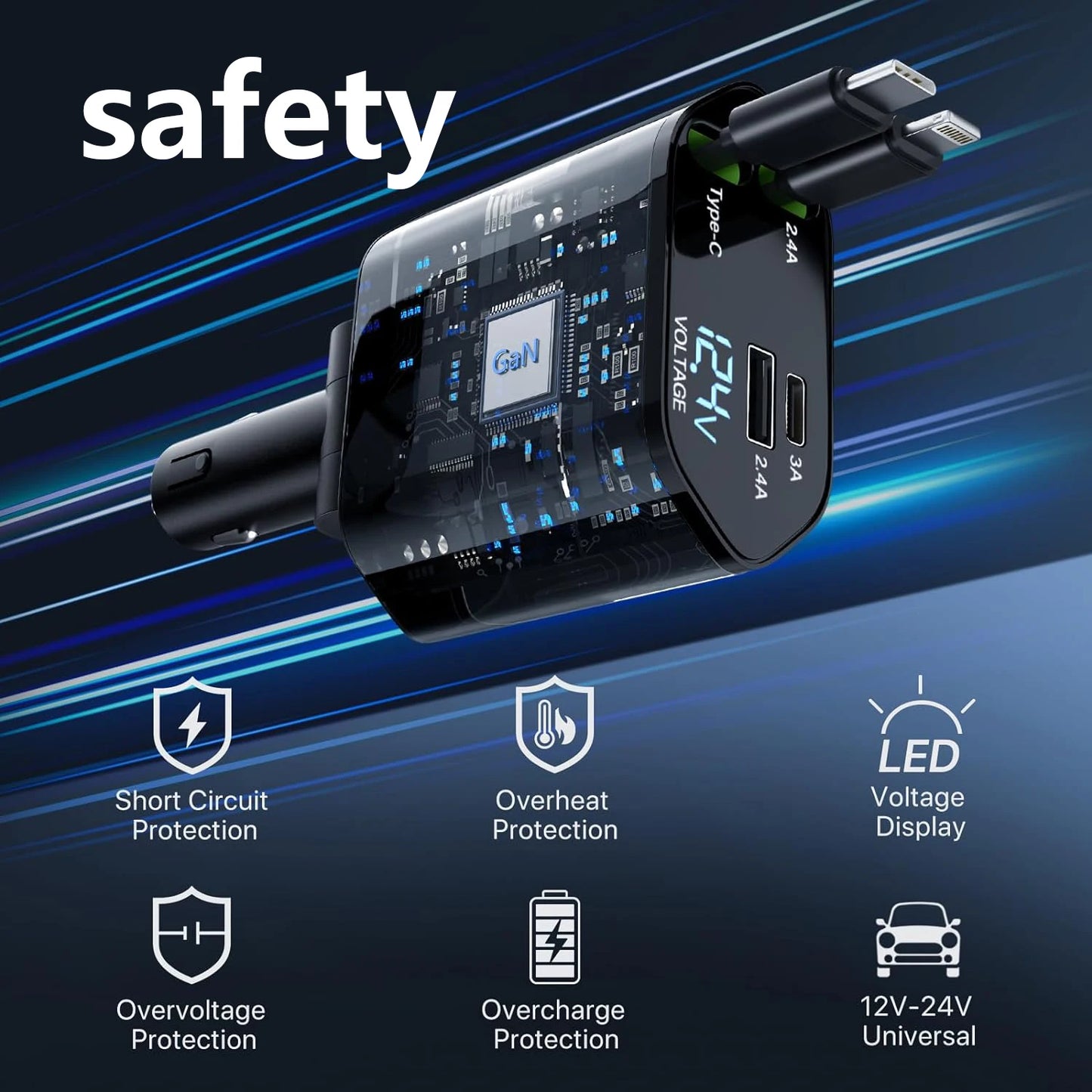 Kitrio™ 4-in-1 Retractable Car Charger – 120W Fast Charging Hub with Dual USB Ports