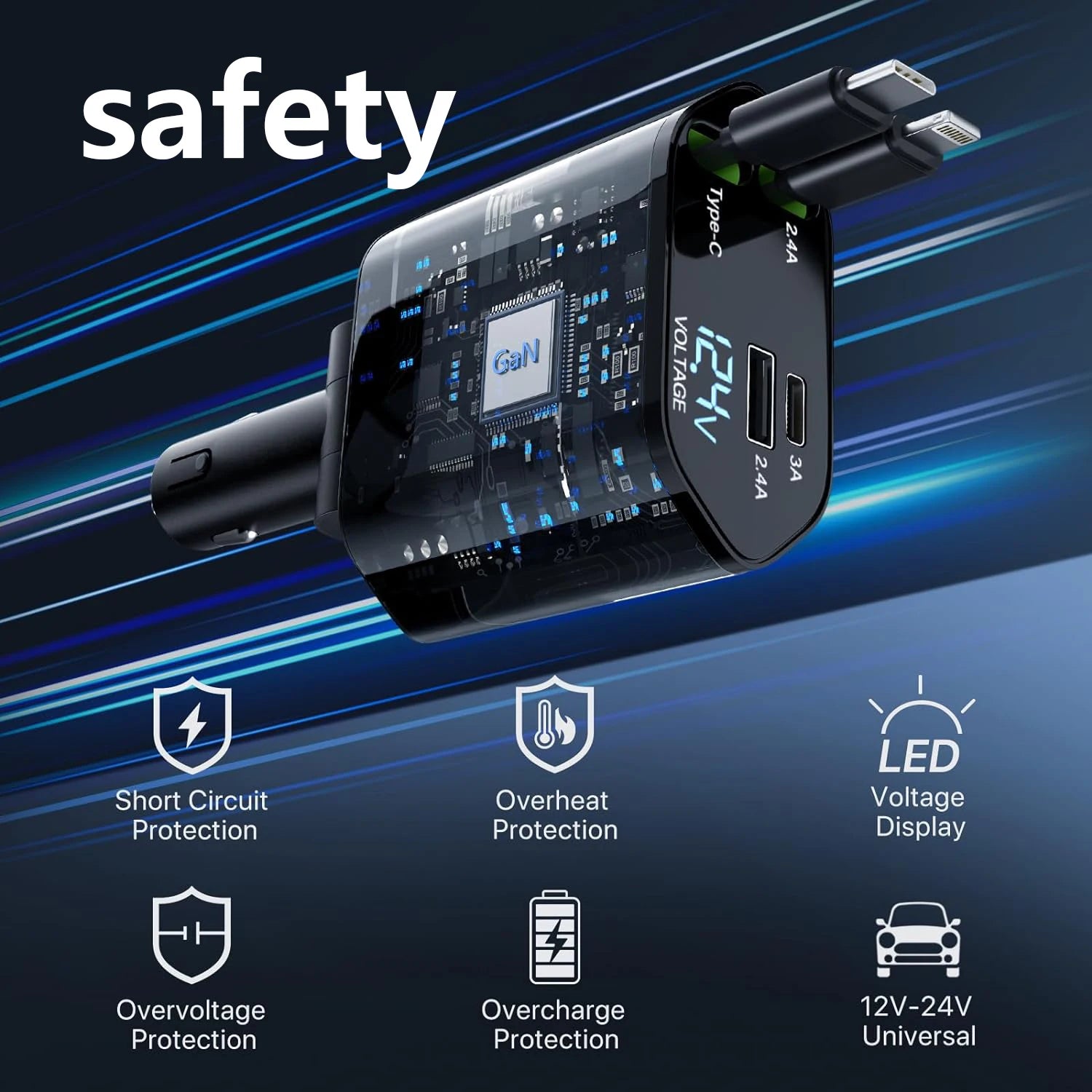Kitrio™ 4-in-1 Retractable Car Charger – 120W Fast Charging Hub with Dual USB Ports
