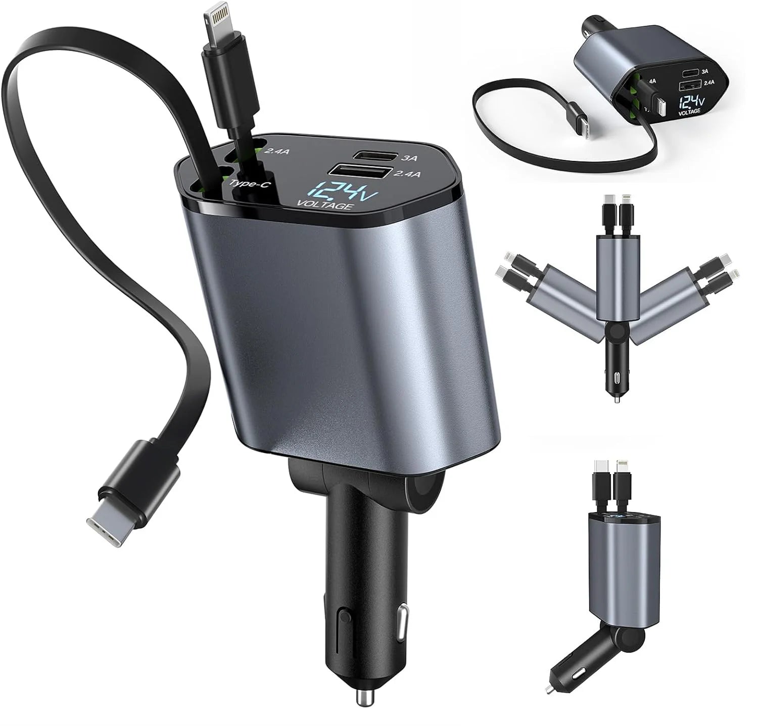 Kitrio™ 4-in-1 Retractable Car Charger – 120W Fast Charging Hub with Dual USB Ports