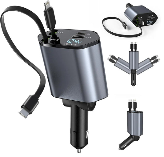Kitrio™ 4-in-1 Retractable Car Charger – 120W Fast Charging Hub with Dual USB Ports