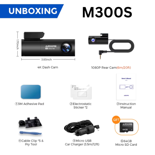 Dash Cam M300S 4K+1080P Dual Dash Car Camera