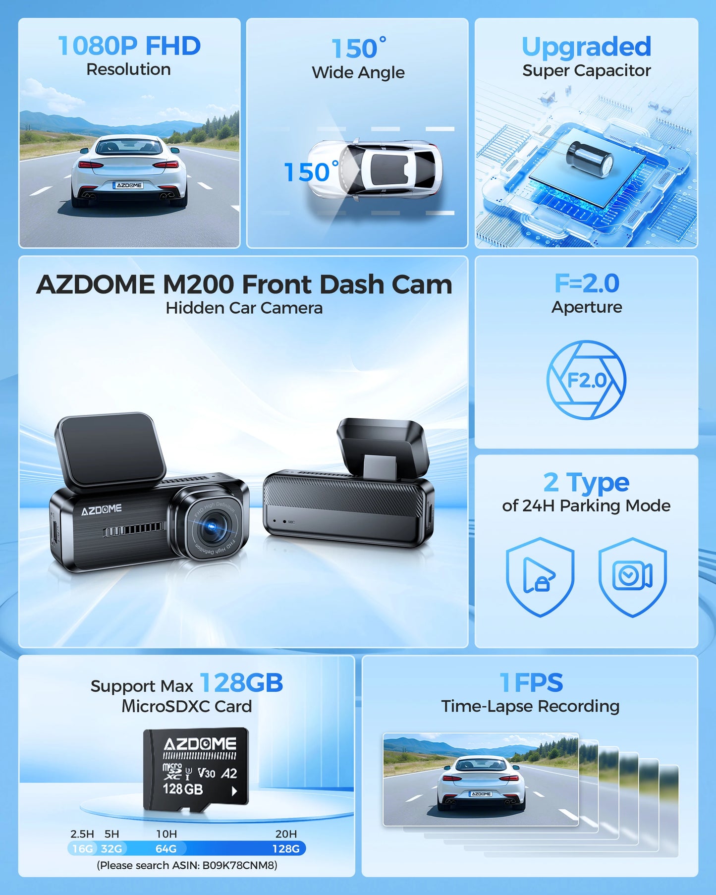 Dash Cam M200 1080P Built-In Wifi APP Control Hidden Car Front Camera 150FOV F2.0 Car DVR Recorder 24H Parking Monitor